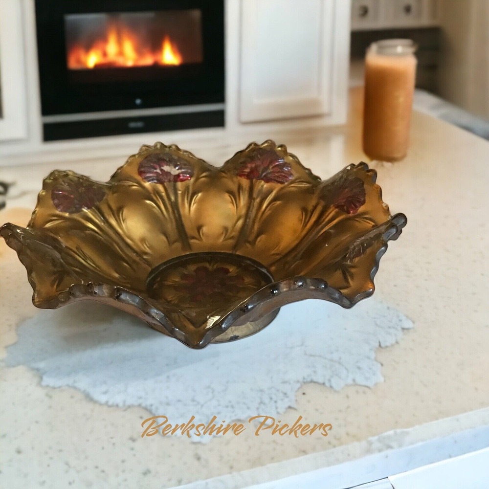 GOOFUS Pressed GLASS Red Flower Art Deco‎ & Gold Pattern Floral Plate